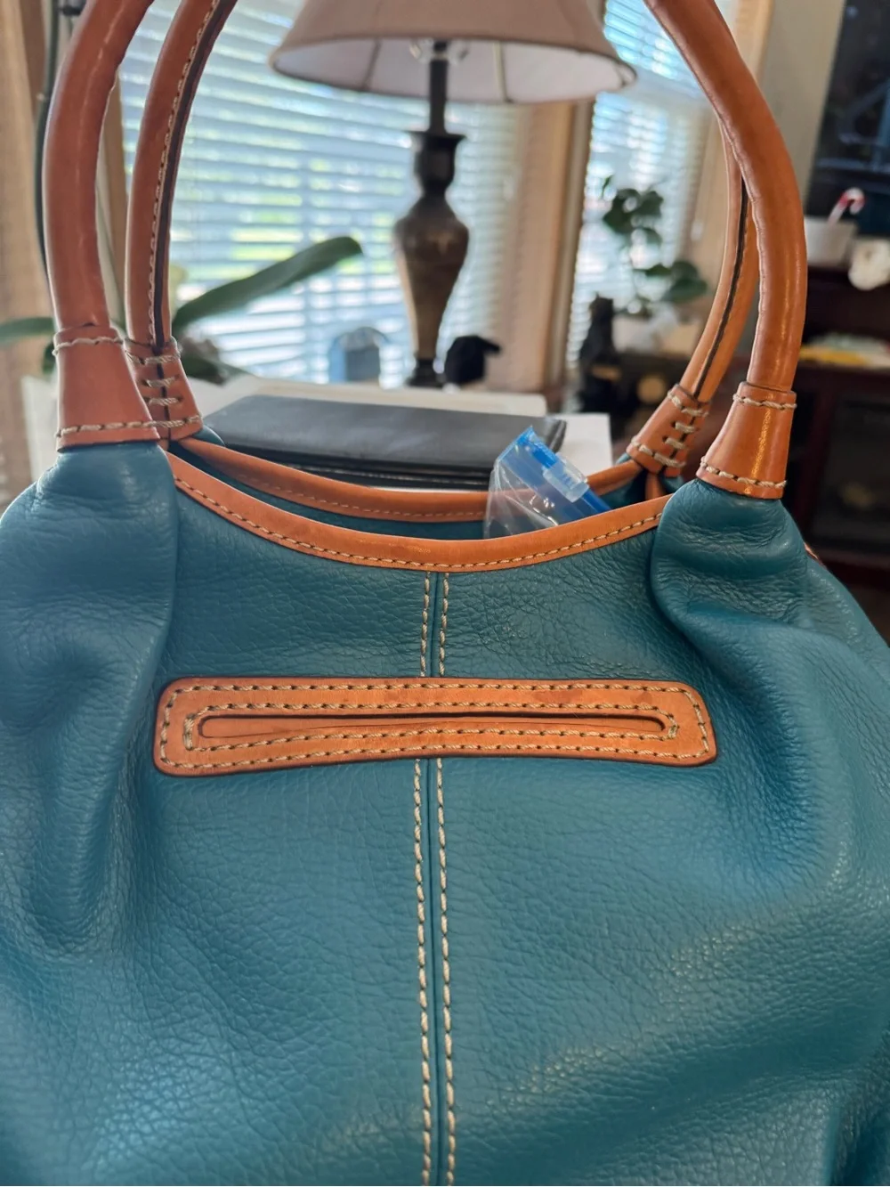 Brighton Teal Leather Top-Handle Women’s Bag with Tan Trim